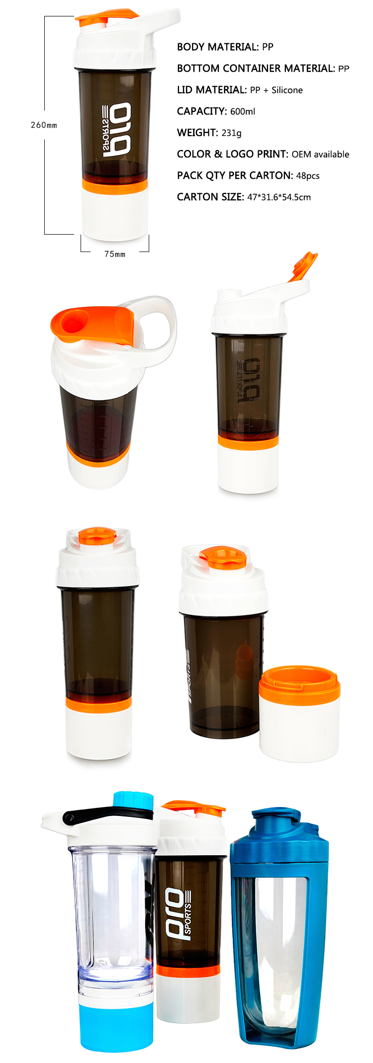 600ML plastična steklenica za pitje za beljakovinski prah za telovadnico
