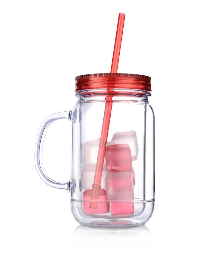 20oz/650ml AS Plastic Mason kozarci z dvojno steno vključujejo skodelico za led z ročaji